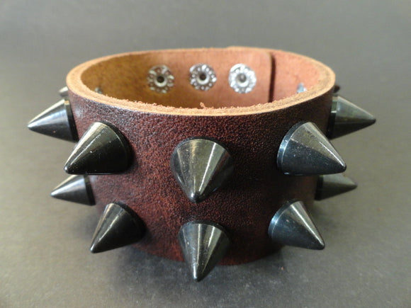 Brown Leather Cuff Bracelet with 2 rows of Black Cone studs