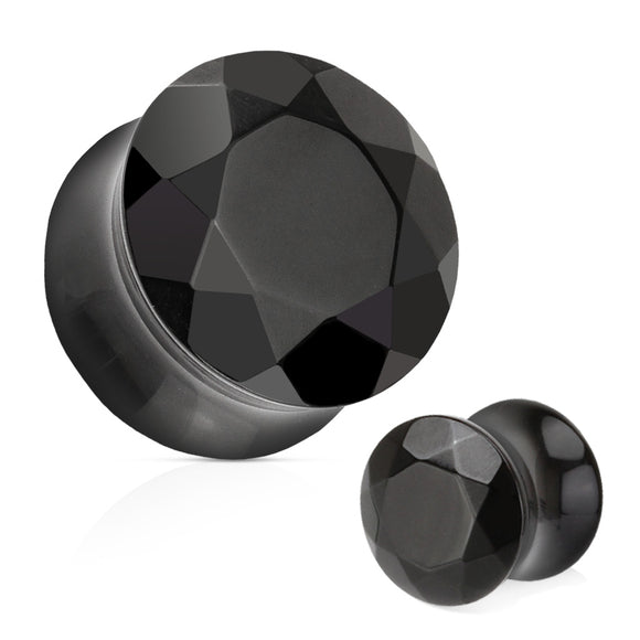 Black Agate Semi Precious Stone Faceted Gem Cut Double Flared Plug (Pair)