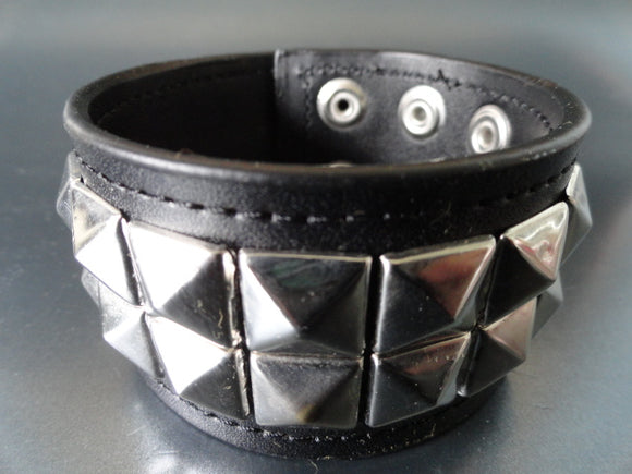 Black Leather Bracelet with 2 Rows Pyramid Studs