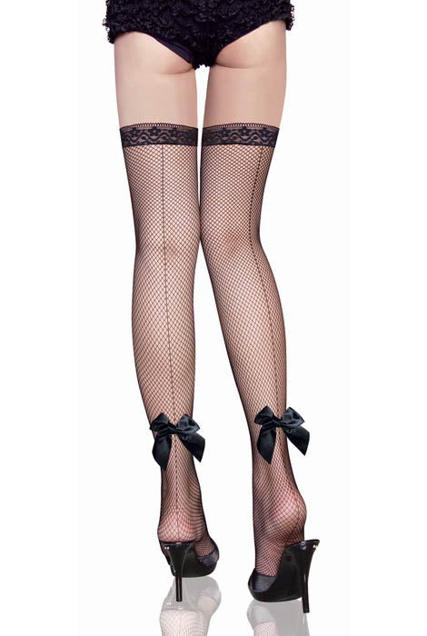 Fishnet Stockings with Bow - Black Thigh High