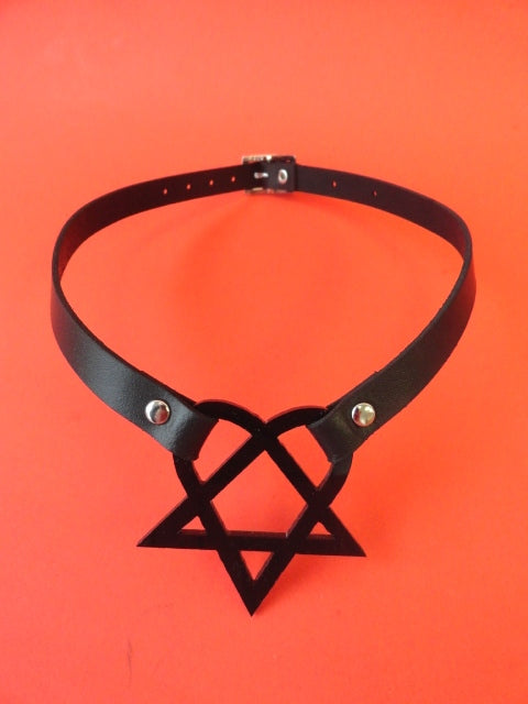 Adjustable Black Leather Choker  with Black Acrylic Heartaguram Pendant