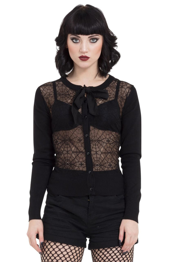Web Lace Cardigan With Chiffon Tie Accent