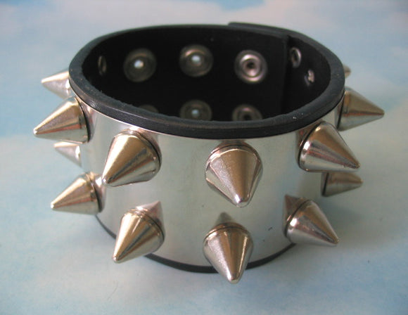 Stainless Steel & Leather Bracelet with 14 Cone Studs