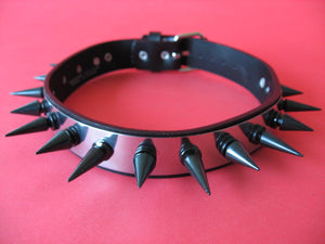 Stainless Steel & Leather Choker with Long Black Cone Spikes