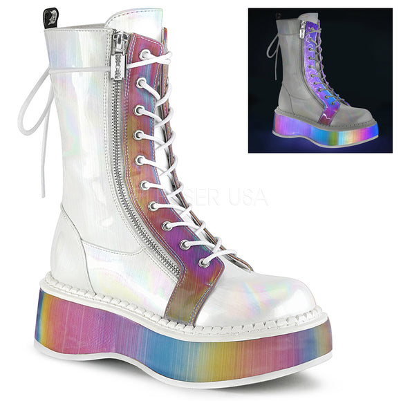 Mid Calf Demonia Clash 206 White Brushed Hologram Vegan Leather