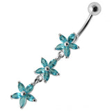 Sterling Silver Jeweled Trible Flower Dangling SS Banana Bar Navel Ring
