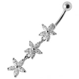 Sterling Silver Jeweled Trible Flower Dangling SS Banana Bar Navel Ring