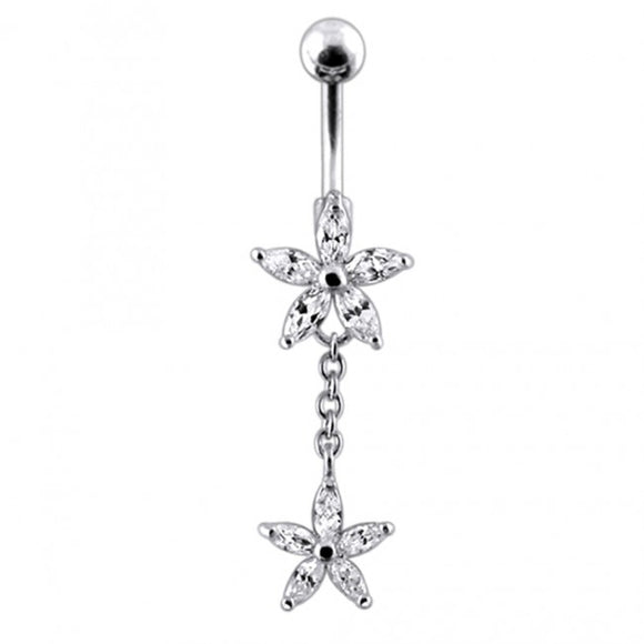 Sterling Silver Jeweled Double Flower Dangling SS Banana Bar Navel Ring